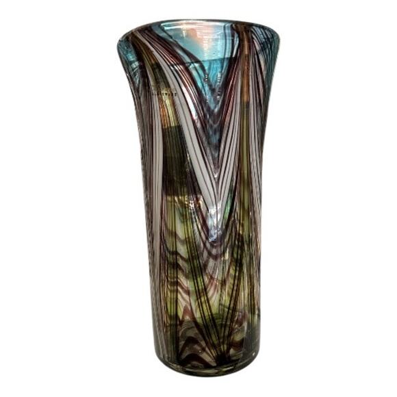 Murano Glassware Tall Brown White Blue Hand Blown Glass Vase - Picture 4 of 10